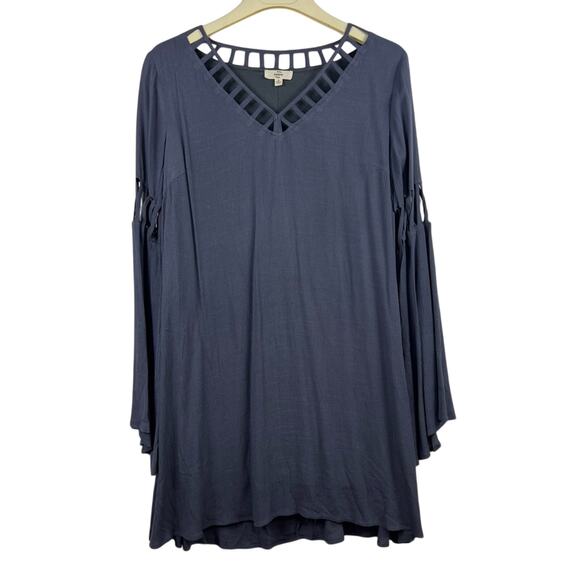 Entro Slate Gray Lattice Cut V Neck Bell Sleeved Mini Shift Dress Size M Boho - Picture 1 of 12
